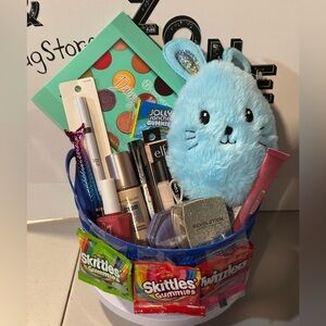 Blue Bunny Gift Basket with Drugstore Makeup and Candy